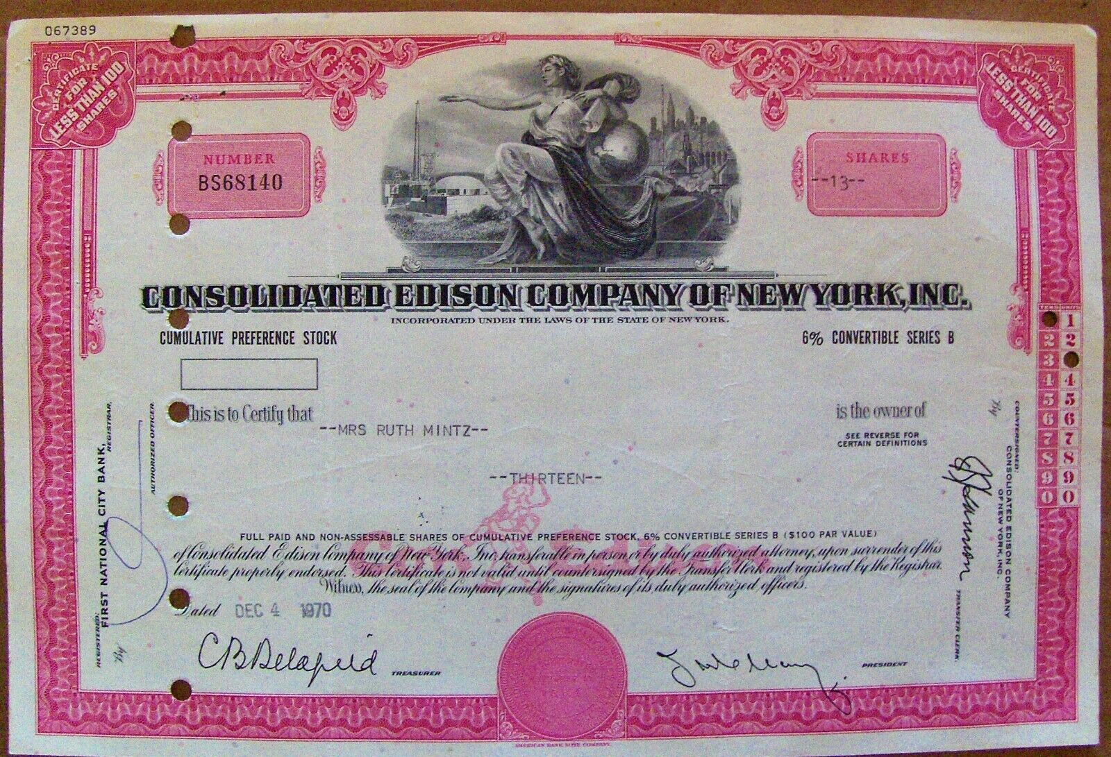 Consolidated Edison Cumulative Preference Stock Certificate 1970