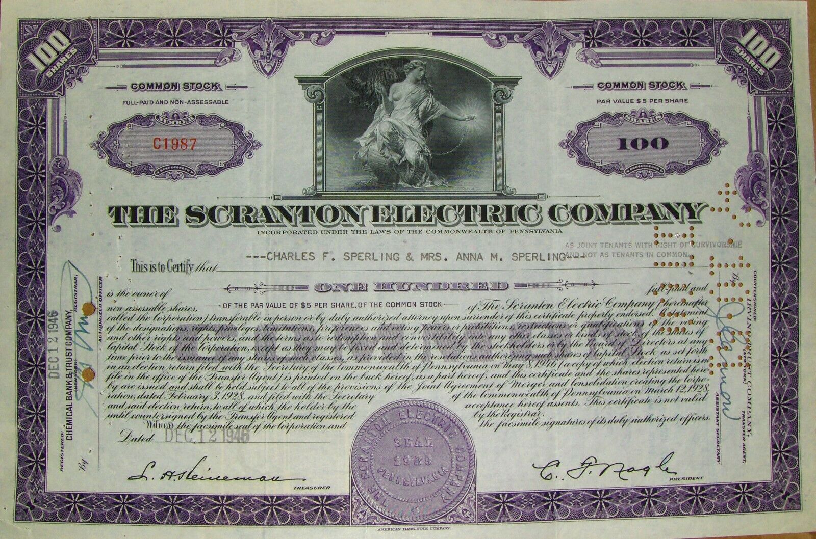 Stock Certificate Scranton Electric Company W/ 2 Stock Transfer Tax Stamps ($4)