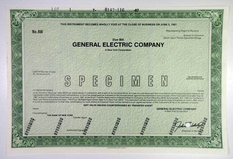 Ny. General Electric Co, 1987 Odd Shrs Specimen Due Bill Cert., Vf-xf Abn Green
